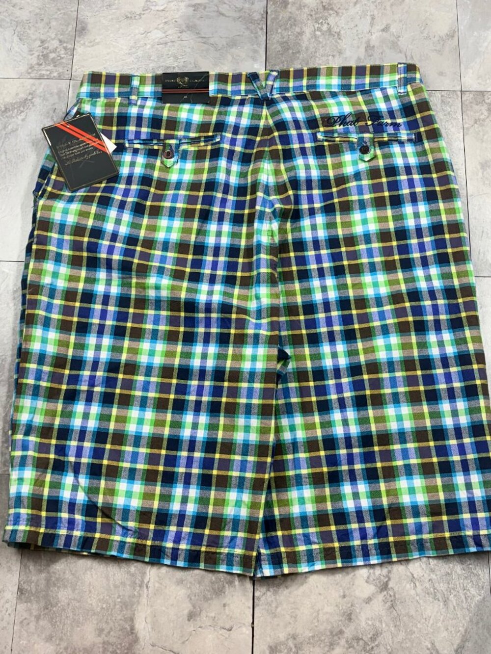 Phat Farm Plaid Baggy Shorts Men's 44 Green Blue Embroidered NWT Y2K